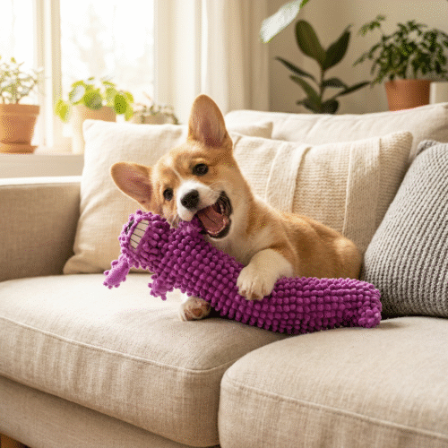 呲牙狗紫色-柯基互动图 Noodle Buddy Dog Toy with Squeaker
