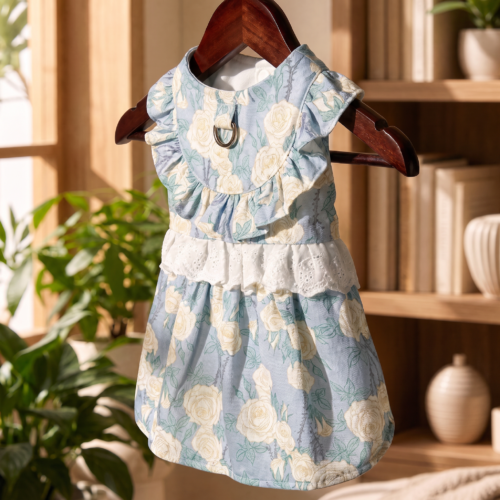 蓝色碎花裙侧面_书架背景_正方形 Floral Blue Ruffle Pet Dress