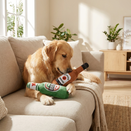 宠物玩具_宠物生活场景图 Fuzzy Drink Buddy – Plush Bottle Toy for Pups