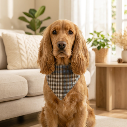 格纹三角巾-金色英国可卡上身图 Plaid Pet Bandana